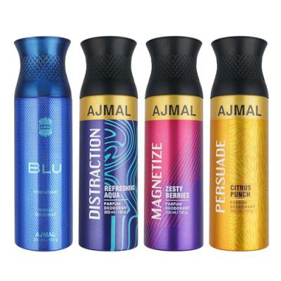 AJMAL 1 Blu Homme for Men, 1 Distraction, 1 Magnetize and 1 Persuade for Men & Women Deodorants each 200ML Combo pack of 4 (Total 800ML)