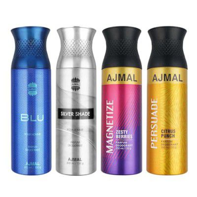 Ajmal 1 Blu Homme for Men, 1 Silver Shade Homme for Men, 1 Magnetize and 1 Persuade for Men & Women Deodorants each 200ML Combo pack of 4 (Total 800ML)