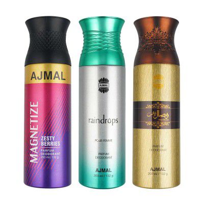Ajmal 1 Magnetize for Men & Women, 1 Raindrops Femme for Women and 1 Wisal Dhahab for Men Deodorants each 200ML Combo pack of 3 (Total 600ML)
