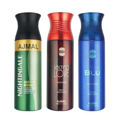 Ajmal 1 Nightingale for Men & Women, 1 Sacred Love for Women and 1 Blu Homme for Men, Deodorants each 200ML Combo pack of 3 (Total 600ML)