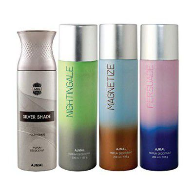 Ajmal 1 Silver Shade for Men, 1 Nightingale, 1 Magnetize and 1 Persuade for Men & Women Deodorants each 200ML Combo pack of 4 (Total 800ML) + 4 Parfum Testers