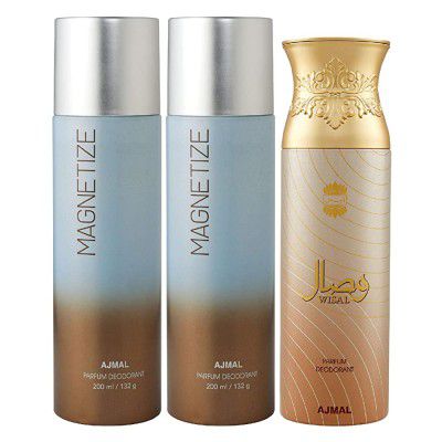 Ajmal 2 Magnetize for Men & Women and 1 Wisal for Women Deodorants each 200ML Combo pack of 3 (Total 600ML) + 1 Perfume Tester