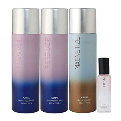 Ajmal 2 Persuade & Magnetize Deo each 200ML & Neea EDP 20ML Pack of 4 (Total 620ML) for Men & Women