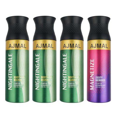AJMAL 3 Nightingale & 1 Magnetize Woody Spray Deodorant Combo Pack Of 4 Deodorant 200Ml Each (Total 800Ml) For Men & Women, 4 Count