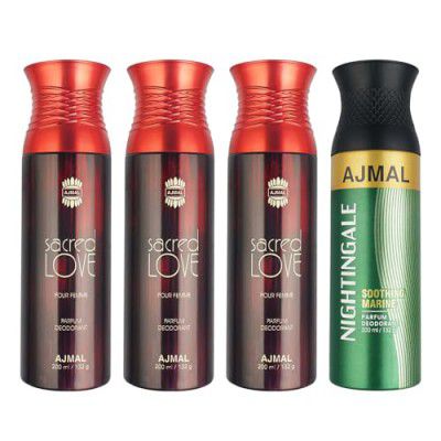 Ajmal 3 Sacred Love for Women and 1 Nightingale for Men & Women Deodorants Each 200ML Combo Pack of 4 (Total 800ML)