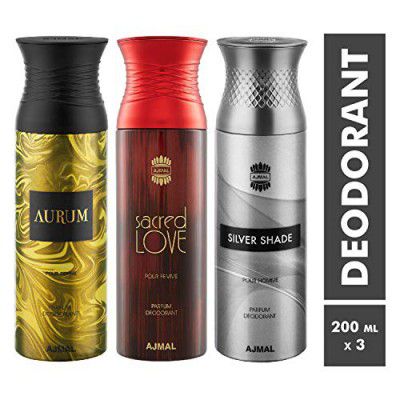 Ajmal Aurum & SacredLove & SilverShade Deodorant Spray - For Men & Women (200 ml, Pack of 3)