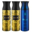 Ajmal Aurum & Aurum & Blu Deodorant Spray - For Men & Women (200 ml, Pack of 3) + 1 Perfume Tester...
