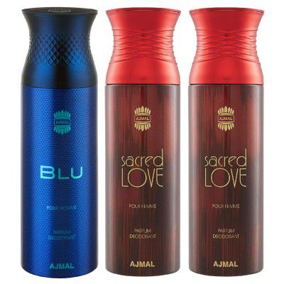 Ajmal Blu & Sacred Love & Sacred Love Deodorant Spray - For Men & Women (200 ml, Pack of 3)