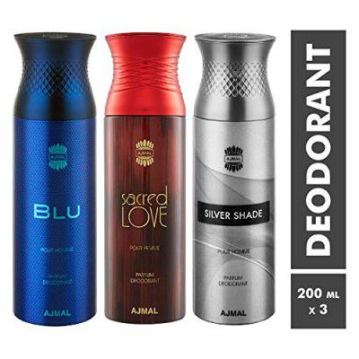 Ajmal Blu & Sacred Love & Silver Shade Deodorant Spray - For Men & Women (200 ml, Pack of 3)