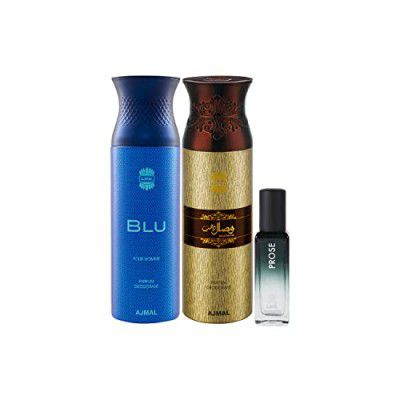 Ajmal Blu Homme & Wisal Dhahab Deo each 200ML & Prose EDP 20ML Pack of 3 (Total 420ML) for Men & Women