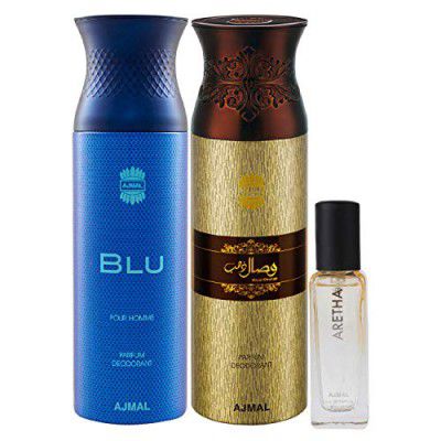 Ajmal Blu Homme & Wisal Dhahab Deo - 200ML & Aretha EDP - 20ML Pack of 3 (Total 420ML)