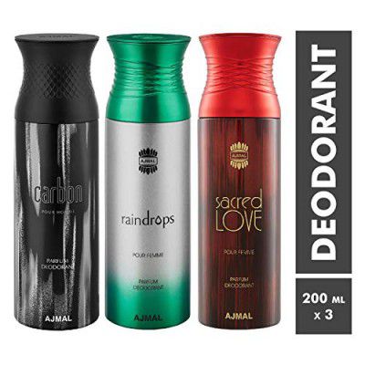 Ajmal Carbon & Raindrops & SacredLove Deodorant Spray (200 ml, Pack of 3)