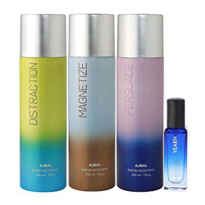 Ajmal Distraction & Magnetize & Persuade Deo each 200ML & Yearn EDP 20ML Pack of 4 (Total 620ML) for Men & Women