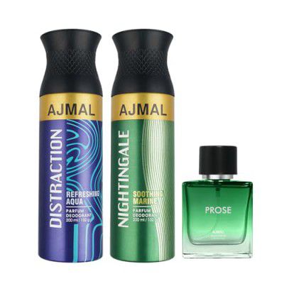 Ajmal Distraction & Nightingale Deo each 200ML & Prose EDP 20ML Pack of 3 (Total 420ML) for Men & Women