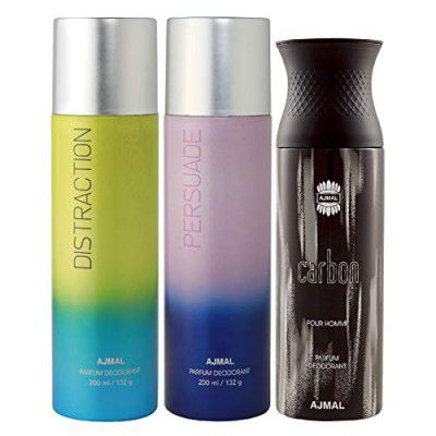 Ajmal Distraction and Persuade for Men & Women and Carbon for Men Deodorants each 200ML Combo pack of 3 (Total 600ML) + 3 Parfum Testers
