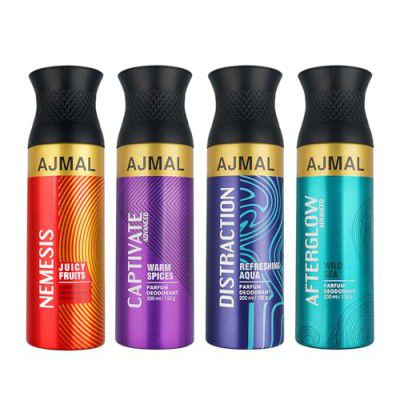 Ajmal Nemesis, Captivate Advanced, Distraction, and Afterglow Advanced Deodorant Perfume 200ML Each - Unisex Pack of 4