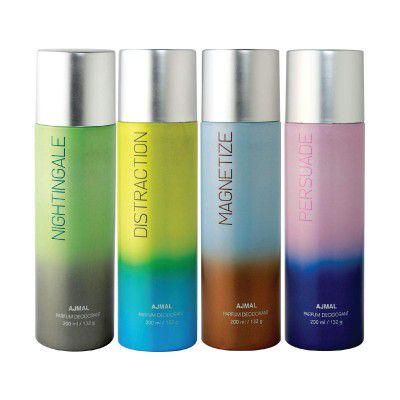 Ajmal Nightingale & Distraction & Magnetize & Persuade Deodorant Combo pack of 4 Deodorant 200ml each (Total 800ML) for Men & Women + 2 Perfume Testers