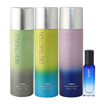 Ajmal Nightingale & Distraction & Persuade Deo - 200ML & Yearn EDP - 20ML Pack of 4 (Total 620ML) for Men & Women