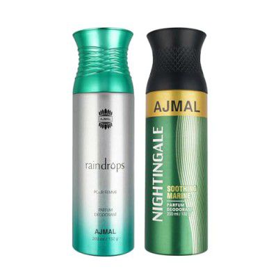 Ajmal Raindrops Femme for Women and Nightingale for Men & Women Deodorants each 200ML Combo pack of 2 (Total 400ML)
