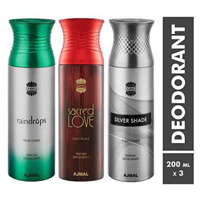 Ajmal Raindrops & SacredLove & SilverShade Deodorant Spray - (200 ml, Pack of 3)