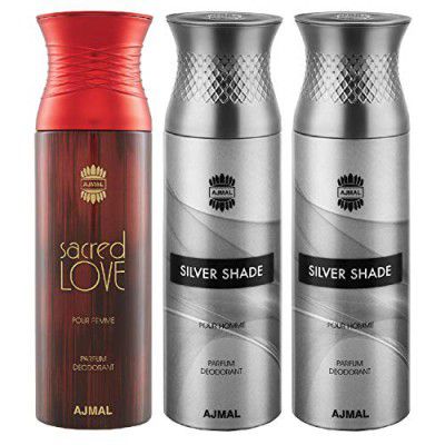 Ajmal Sacred Love & Silver Shade & Silver Shade Deodorant Spray - For Men & Women (200 ml, Pack of 3)