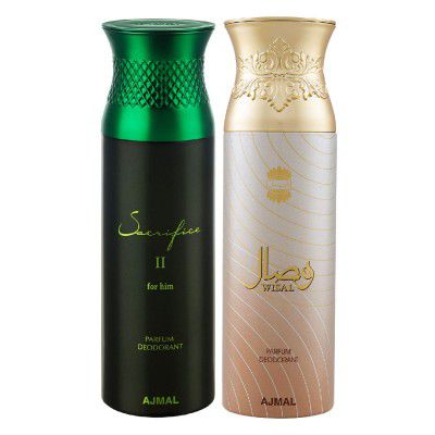 Ajmal Sacrifice ll Him & Wisal Deodorant Spray Gift For Men & Women (200 ml, Pack of 2) + 1 Perfume Tester