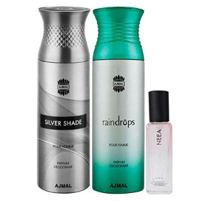 Ajmal Silver Shade & Raindrops Deo each 200ML & Neea EDP 20ML Pack of 3 (Total 420ML) for Men & Women