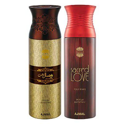 Ajmal Wisal Dhahab & Sacredlove Deodorant Spray Gift For Men & Women (200 ml, Pack of 2)