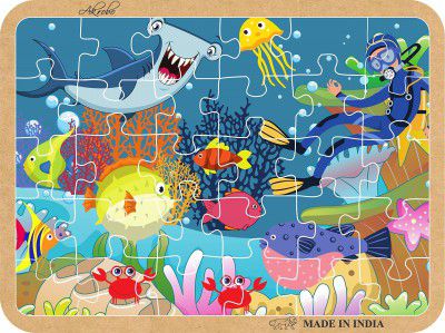 Akrobo Learning Wooden Jigsaw Puzzle Aquatic Life for 3 Years and Above, Made in India, Multicolor