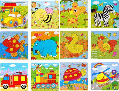 Akrobo Wood Jigsaw Puzzles for Children- Pack of 12 Different Patterns with 9 Piece Puzzle in a Frame Board ( Random Design )