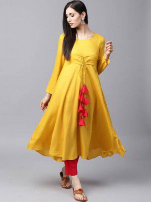AKS  Women Solid Viscose Rayon Anarkali Kurta  (Yellow)