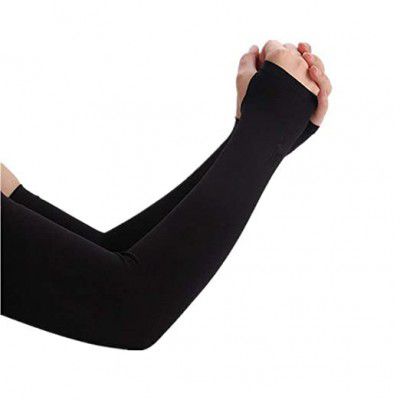 Aksmit Sun Protection Arm Sleeves for Men & Women with Thumb Breathable, Hand Cover (Black, 1 Pair)