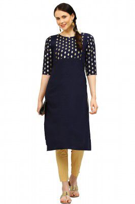 ALC Creation Women's Crepe Floral Regular Kurta (ALC4039W_Navy Blue_2XL)