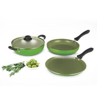 Alda Non Stick Cookware Set of 4 (Wok with Lid, Fry Pan, Crepe Pan)