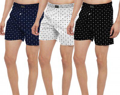 Alenza's Mens Pure Cotton Boxer Shorts in Different Color (Black White Blue) (Pack of 1)