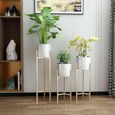 Alk Kareem Modern Metal Floor Flower Stands Planter for Living Room Bedroom Display Plant Stand Tall Indoor Plant Stand with Planter Pot -Set of 3 gold