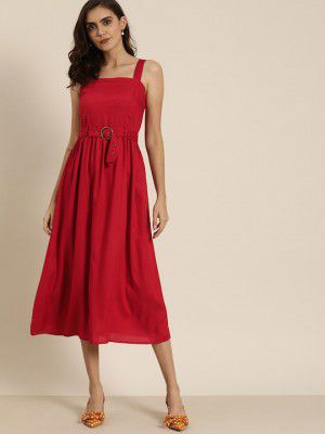 all about you Women Red Solid Fit and Flare Dress
