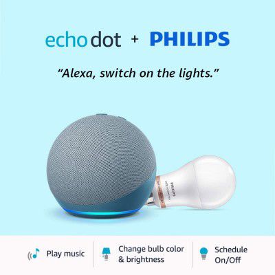 All-new Echo Dot (4th Gen, Blue) combo with Philips 9W smart color bulb