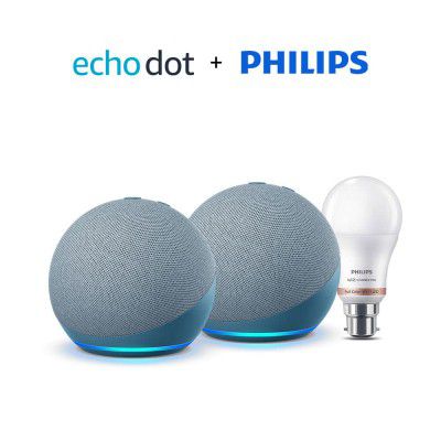 All-new Echo Dot (4th Gen, Blue) gift twin pack with Philips 9W LED smart color bulb
