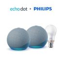 All-new Echo Dot (4th Gen, Blue) gift twin pack with Philips 9W LED smart color bulb...