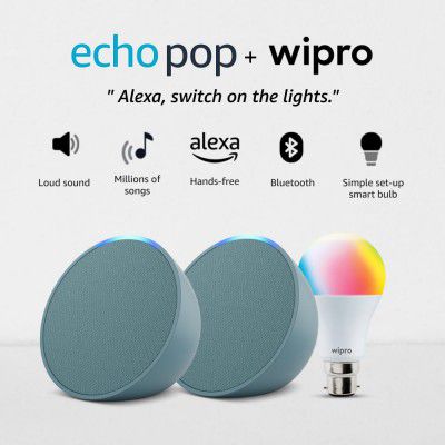 Amazon Echo Pop (Green) gift twin pack with LED Smart Color Bulb and Alexa