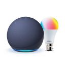 All-New Echo Dot (5th Gen, Blue) Combo with Wipro 9W LED Smart Color Bulb...