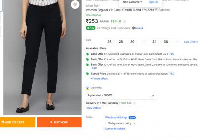 Allen Solly Women Regular Fit Black Cotton Blend Trousers