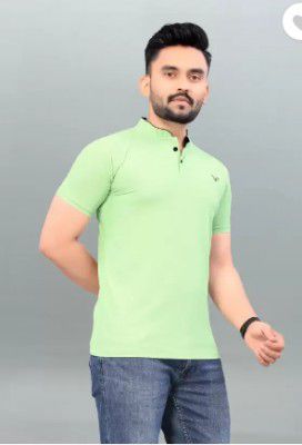 ALLSAH CREATION  Men Solid Mandarin Collar Reversible Cotton Blend Green T-Shirt