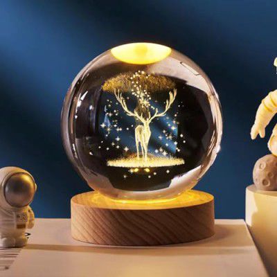 Allwin Houseware W Deer 3D Crystal Ball Night Light with Wooden Base (Deer)