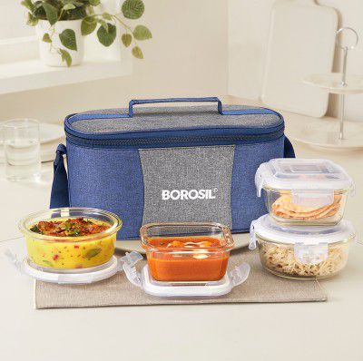 Alora Borosilicate Glass Lunchbox, 4 pc Set (320 ml x 2 + 400 ml x 2), Tiffin 4 Containers Glass Office Lunch Box (1440 ml)