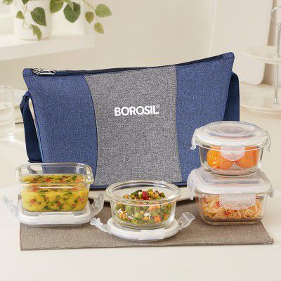Alora Daisy Borosilicate Glass Lunchbox, 4pc Set (320ml x 2 + 240ml x 2), Tiffin 4 Containers Glass Office Lunch Box (1120 ml)