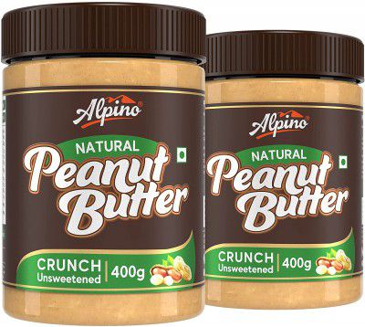 Alpino Natural Peanut Butter Crunch 800 G | Unsweetened | 100% Roasted Peanuts | No Added Sugar, Salt, or Hydrogenated Oils | High Protein Peanut Butter Crunchy | Gluten-Free | Vegan | 400 G, Pack of 