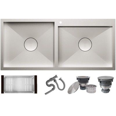 ALTON Stainless Steel Handmade Double Bowl Kitchen Sink With Basket (Matte, 45x20x9 INCH With Hole)