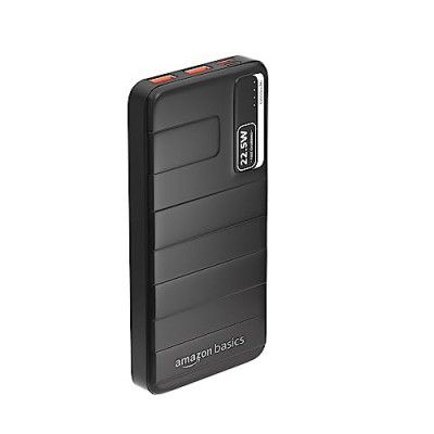 Amazon Basics 10000mAh 22.5W Lithium-Polymer Power Bank | Dual Input, Triple Output | Fast Charging, Black, Type-C Cable Included